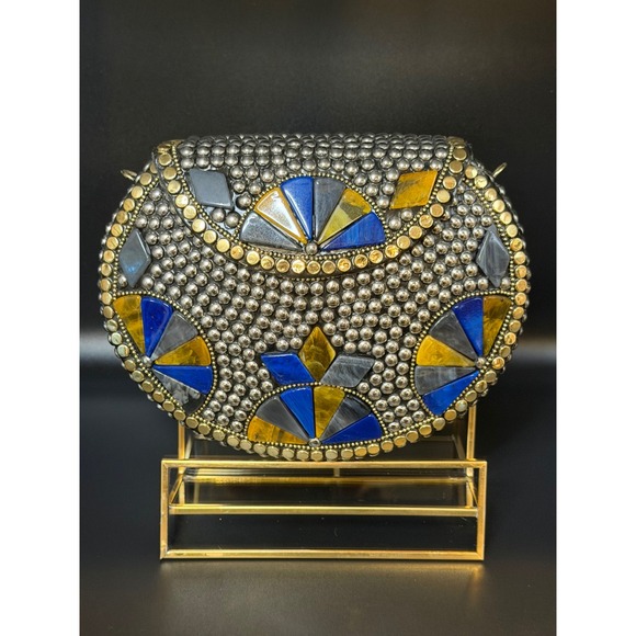 Ramla Handbags - RAMLA Silver Mosaic Blue Stone Embellished Handmade Crossbody/Clutch NWOT